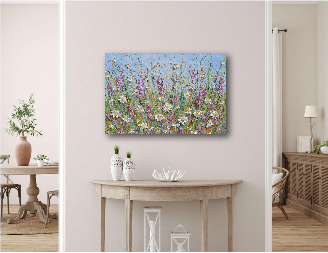 White Daisy Pink Wildflower Meadow Blue Sky Summer Impasto Art Print - Image 3
