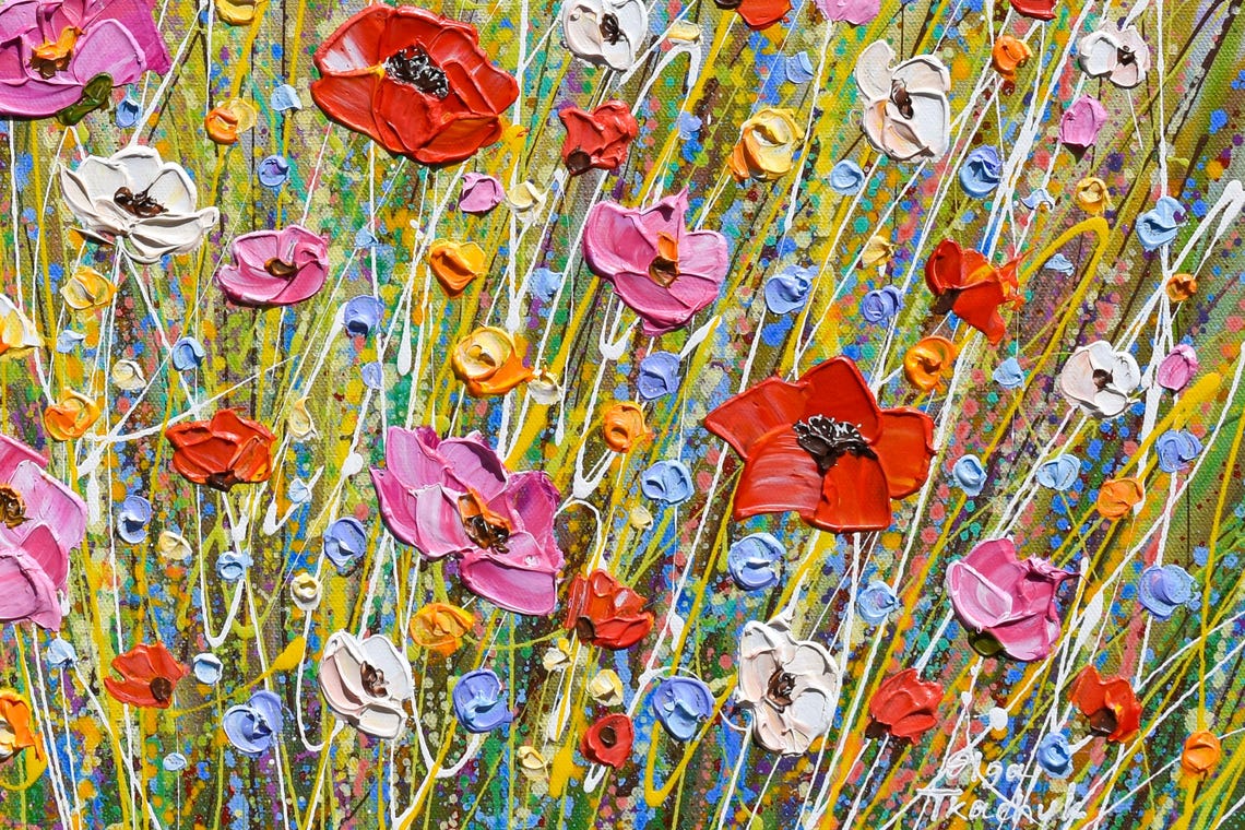 Colorful Poppy Flower Field Painting Red White Pink Blooms Art Print - Image 2