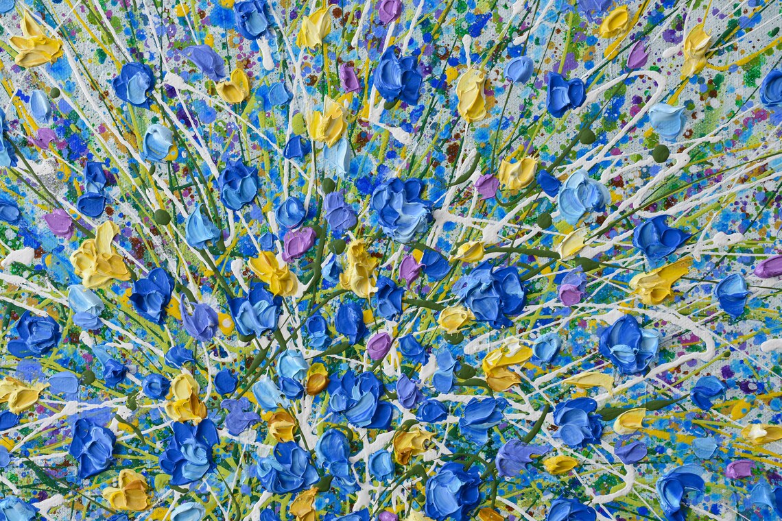 Blue Yellow Flower Bouquet Abstract Vase Splatter Colorful Art Poster - Image 2