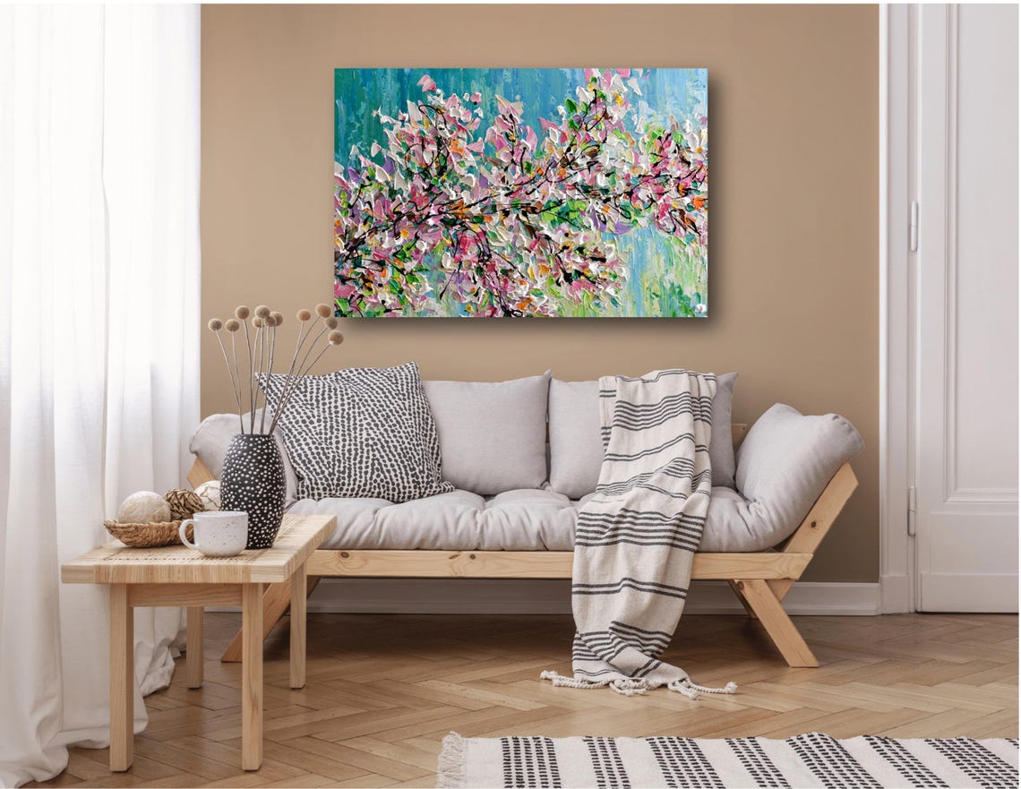 Pink Cherry Blossom Turquoise Branch Spring Panoramic Art Poster - Image 2