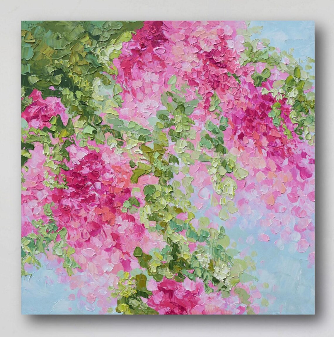 Cherry Blossom Spring Painting Textured Pink Green Floral Wall Art