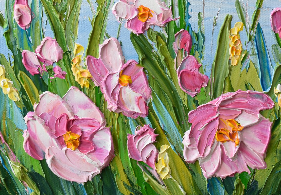 Pink Wildflower Meadow Blue Sky Yellow Blossom Impasto Flower Poster - Image 3