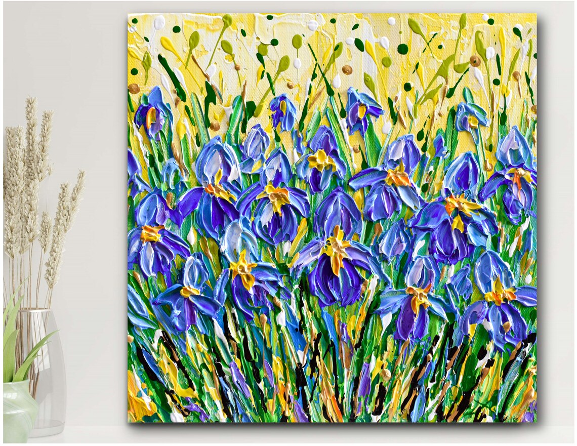 Purple Irises Painting Blue Flowers Yellow Field Impasto Art Poster