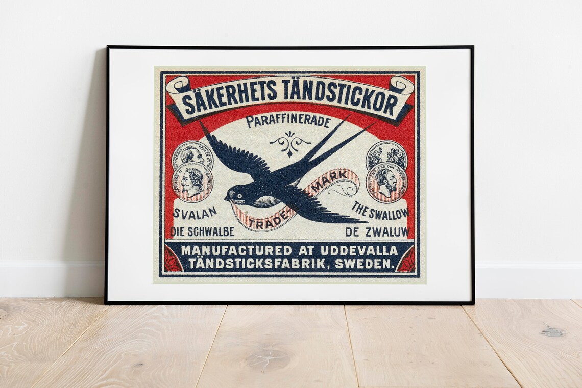 Svalan The Swallow Vintage Swedish Matchbox Label Red Wall Art - Image 2