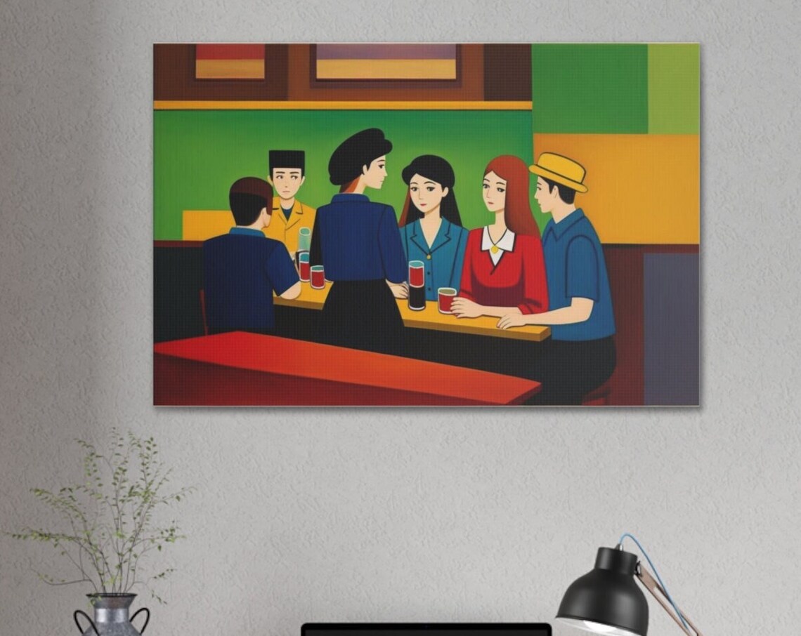 Retro Cafe Bar Scene Friends Sharing Drinks Nightlife Pop Art Poster