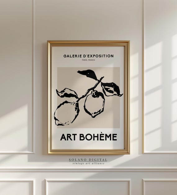 Boho Lemon Wall Art French Botanical Line Drawing Bohme For Kitchen Caf Or Rustic Modern Decor