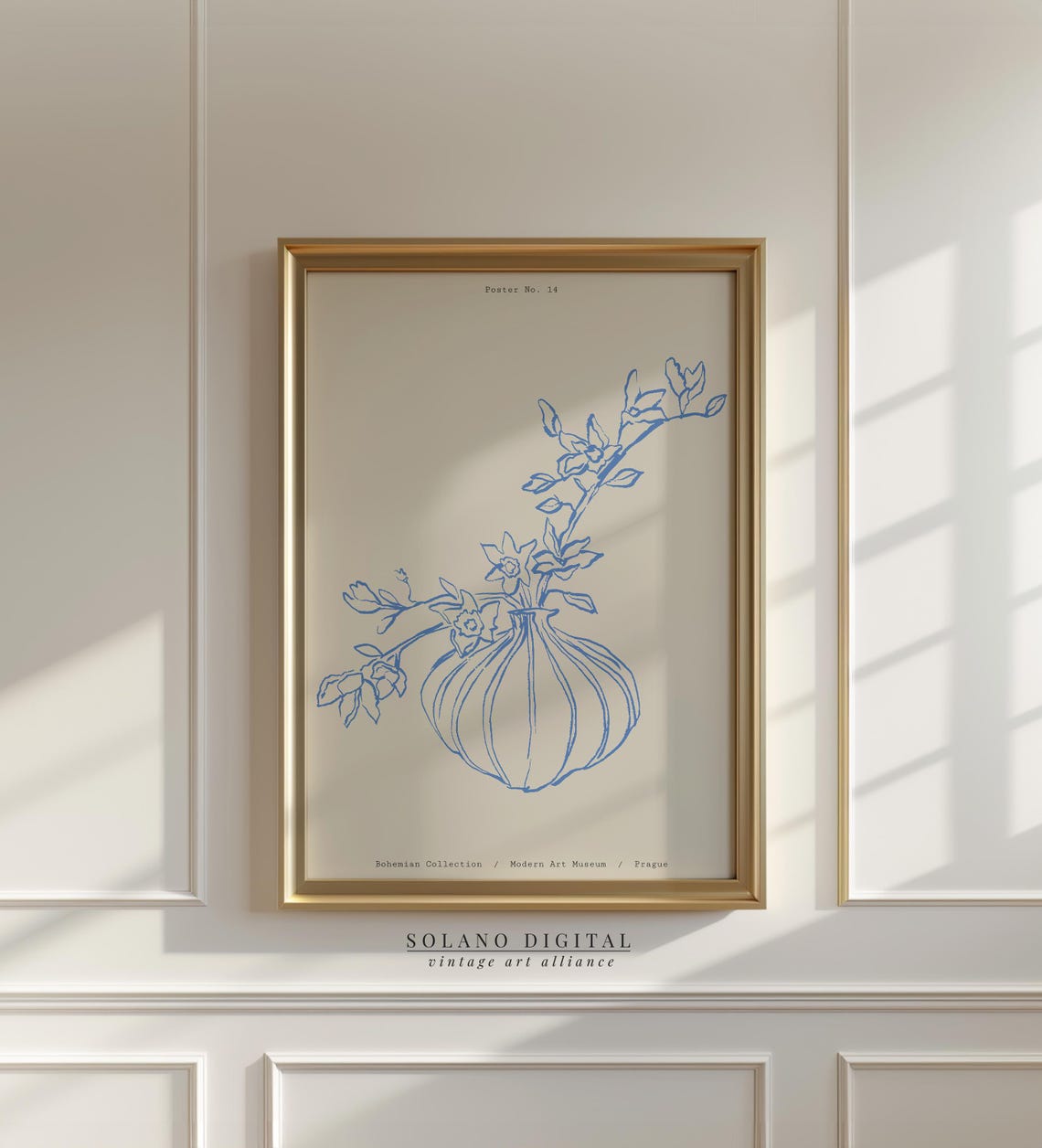 Bohemian Blue Flower Line Art Print Minimalist Botanical Poster Modern Floral Scandinavian Vase Illustration