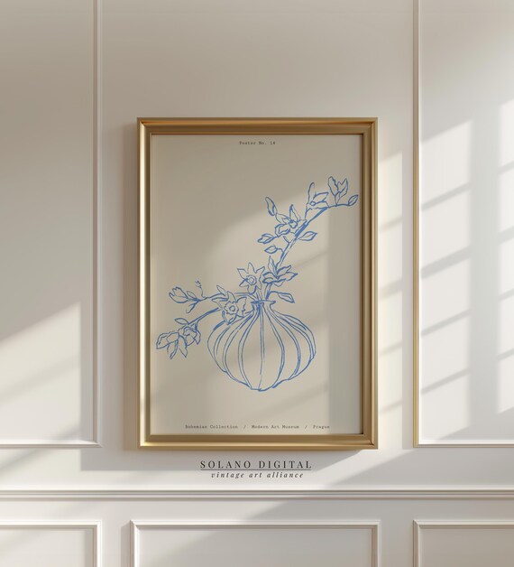 Bohemian Blue Flower Line Art Print Minimalist Botanical Poster Modern Floral Scandinavian Vase Illustration