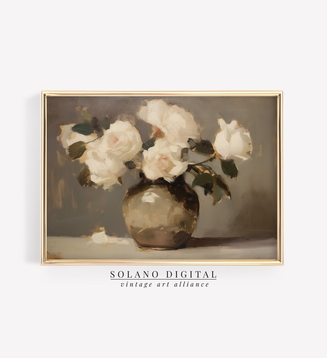 White Roses Still Life Vintage Farmhouse Floral Painting Print