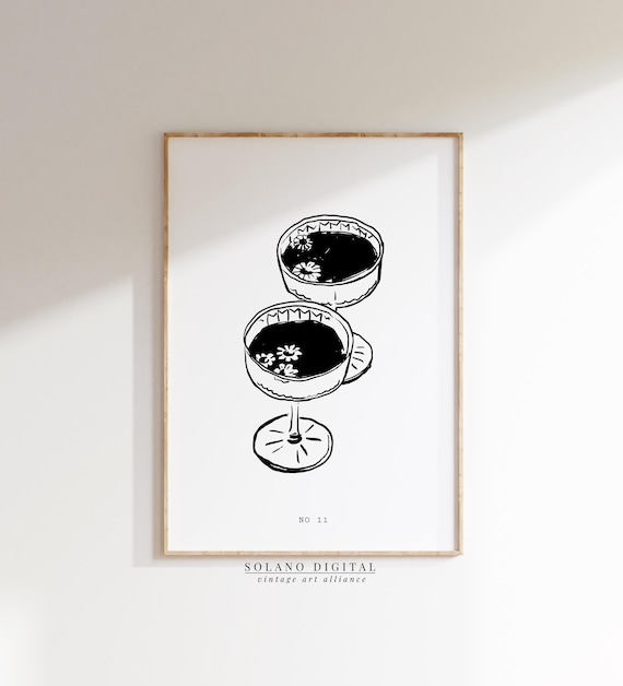 Retro Cocktail Coupe Glasses Floral Illustration Bar Art Poster