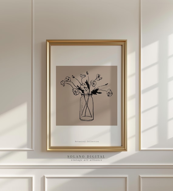 Minimalist Botanical Flower Art Print Line Drawing Floral Wall Vase Illustration Neutral Modern