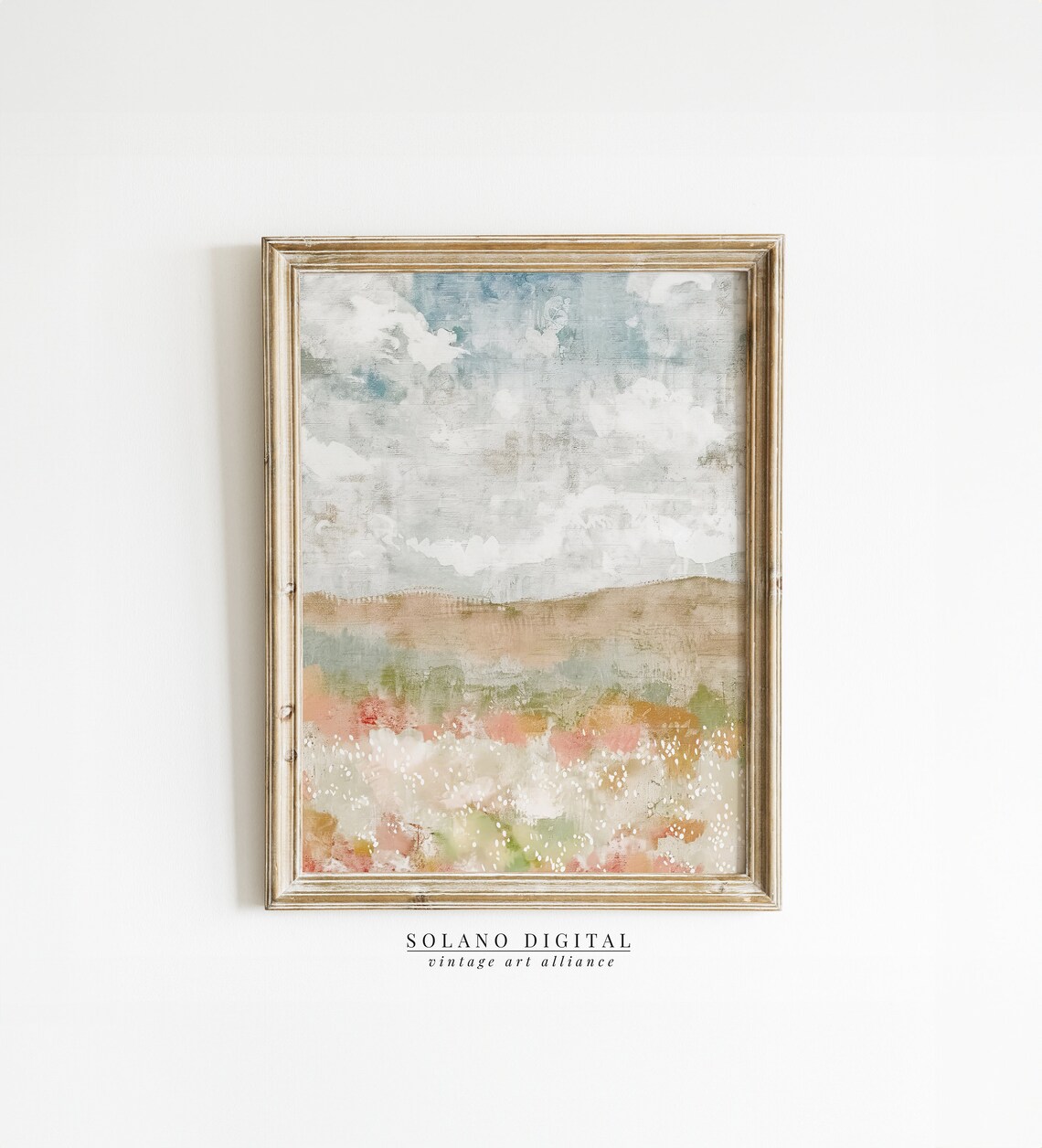Soft Pastel Meadow Landscape Oil Painting Under Cloudy Blue Sky Print