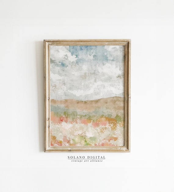Spring Landscape Oil Painting Cloudy Sky Wall Art Country Farmhouse Antique Neutral Colors
