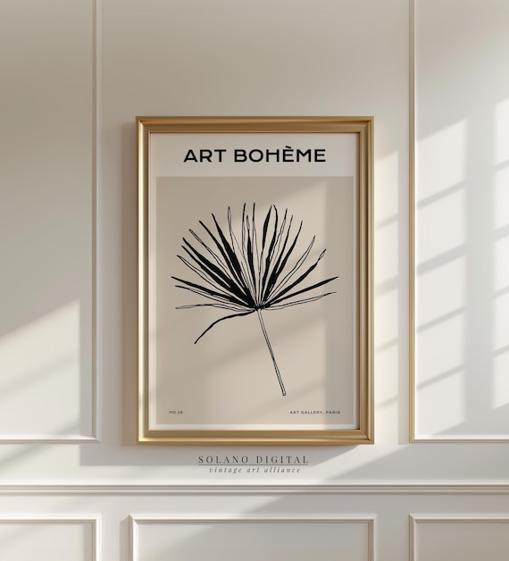 Palm Leaf Botanical Line Art Bohme Modern Wall Black Beige Poster Minimalist For Neutral Decor