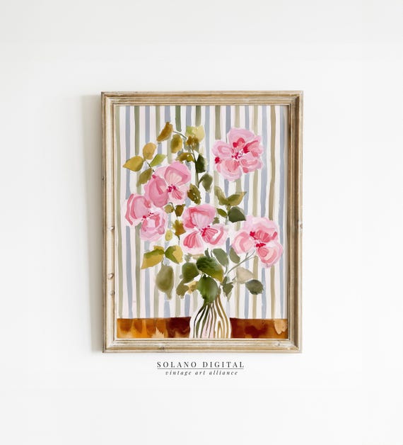 Striped Floral Art Modern Botanical Prints Pink Flower Watercolor Botanicals Grandmillennial Home Decor