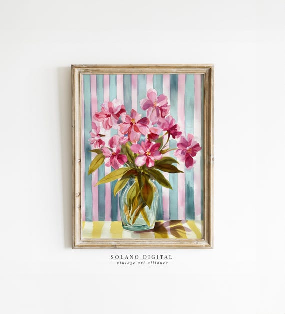 Striped Floral Art Modern Botanical Prints Pink Flower Watercolor Botanicals Grandmillennial Home Deco Decor