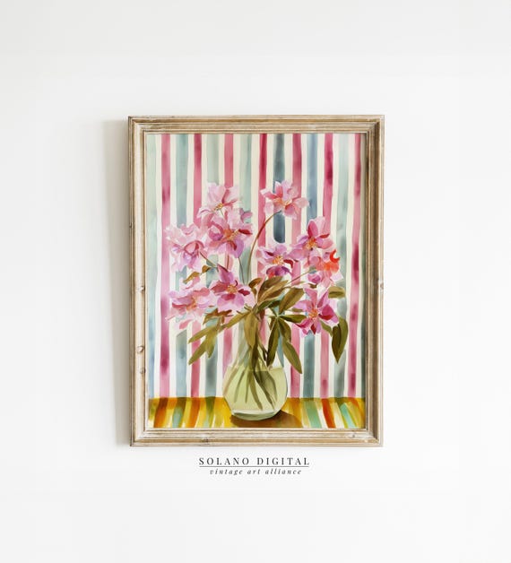 Striped Floral Art Modern Botanical Prints Pink Flower Watercolor Botanicals Grandmillennial Home Deco Decor