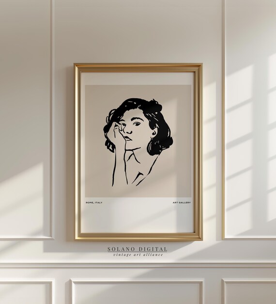 Modern Female Line Drawing Art Minimalist Woman Portrait Wall Black And Beige For Decor