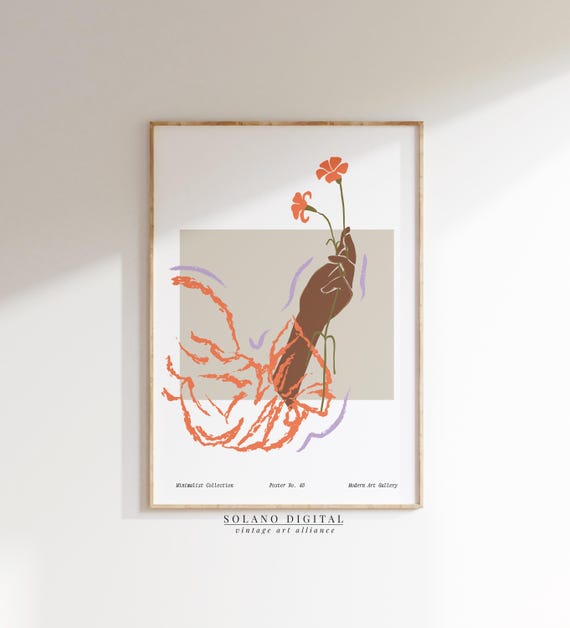 Minimalist Hand With Wildflowers Art Abstract Botanical Line Drawing Modern Feminine Wall Decor