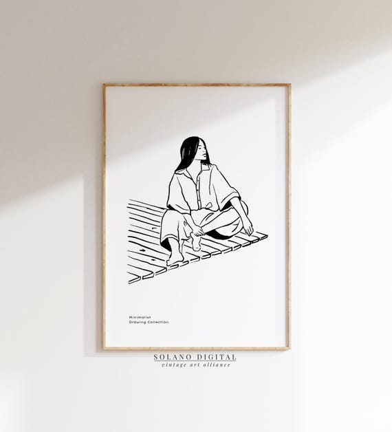 Minimalist Line Art Of Woman On Pier Black And White Wall Print Drawing Calm Zen For Boho Decor Modern