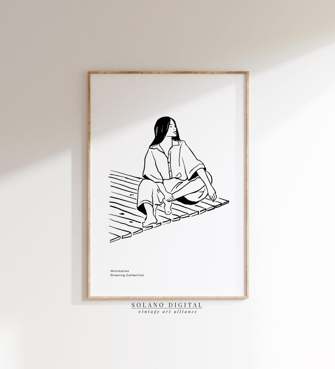 Minimalist Line Art Of Woman On Pier Black And White Wall Print Drawing Calm Zen For Boho Decor Modern