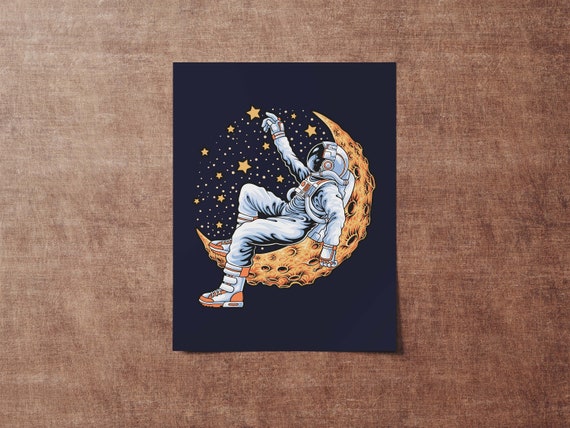 Astronaut Illustration Sitting On The Moon Instant Space Theme Bedroom Print Wall Art