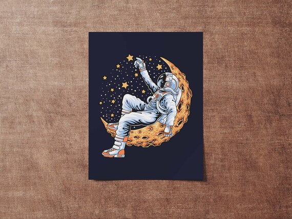 Astronaut Sitting on Crescent Moon Space Illustration Poster