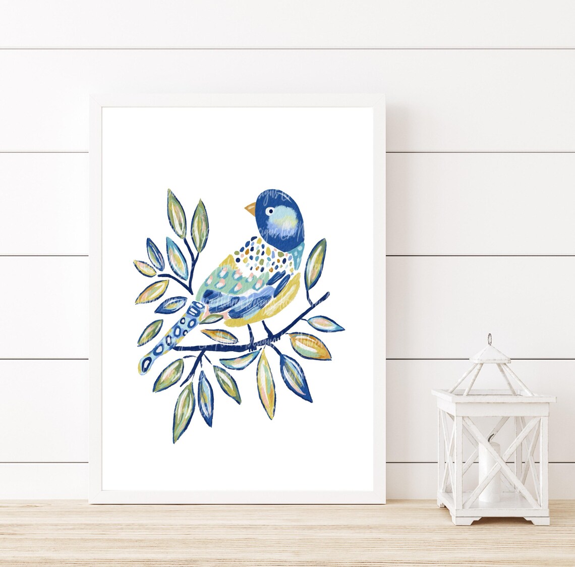 Colorful Blue And Yellow Bird Watercolor On Branch Art Poster