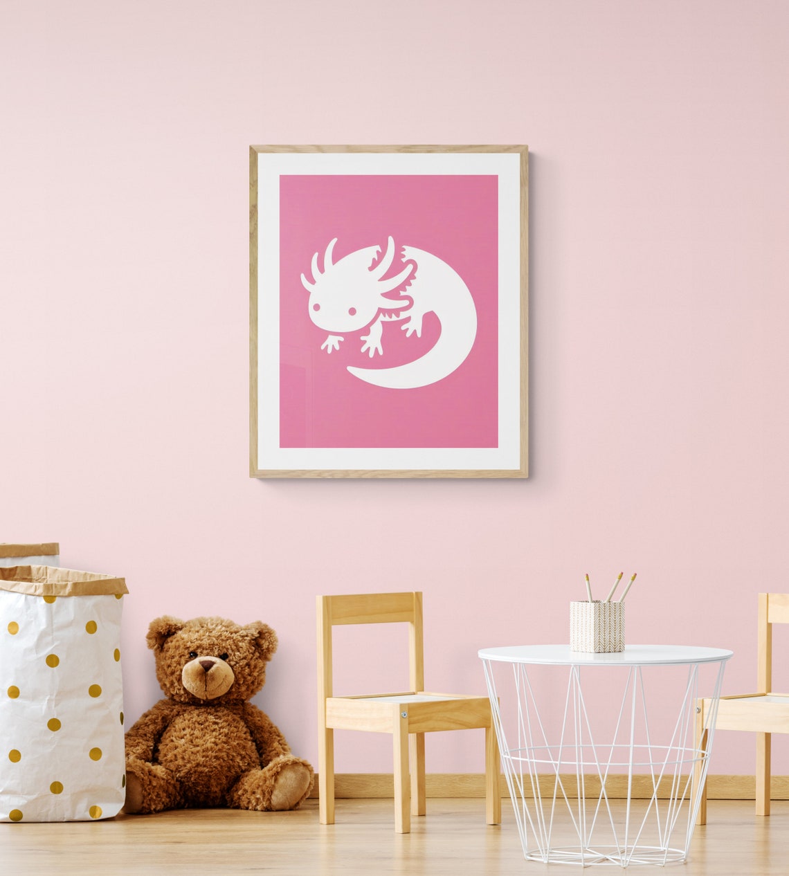White Axolotl Silhouette Pink Minimalist Cute Nursery Animal Poster - Image 2