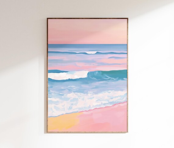 Pastel Pink Beach Wave Art Soft Ocean Waves Summer Coastal Wall Decor Poster