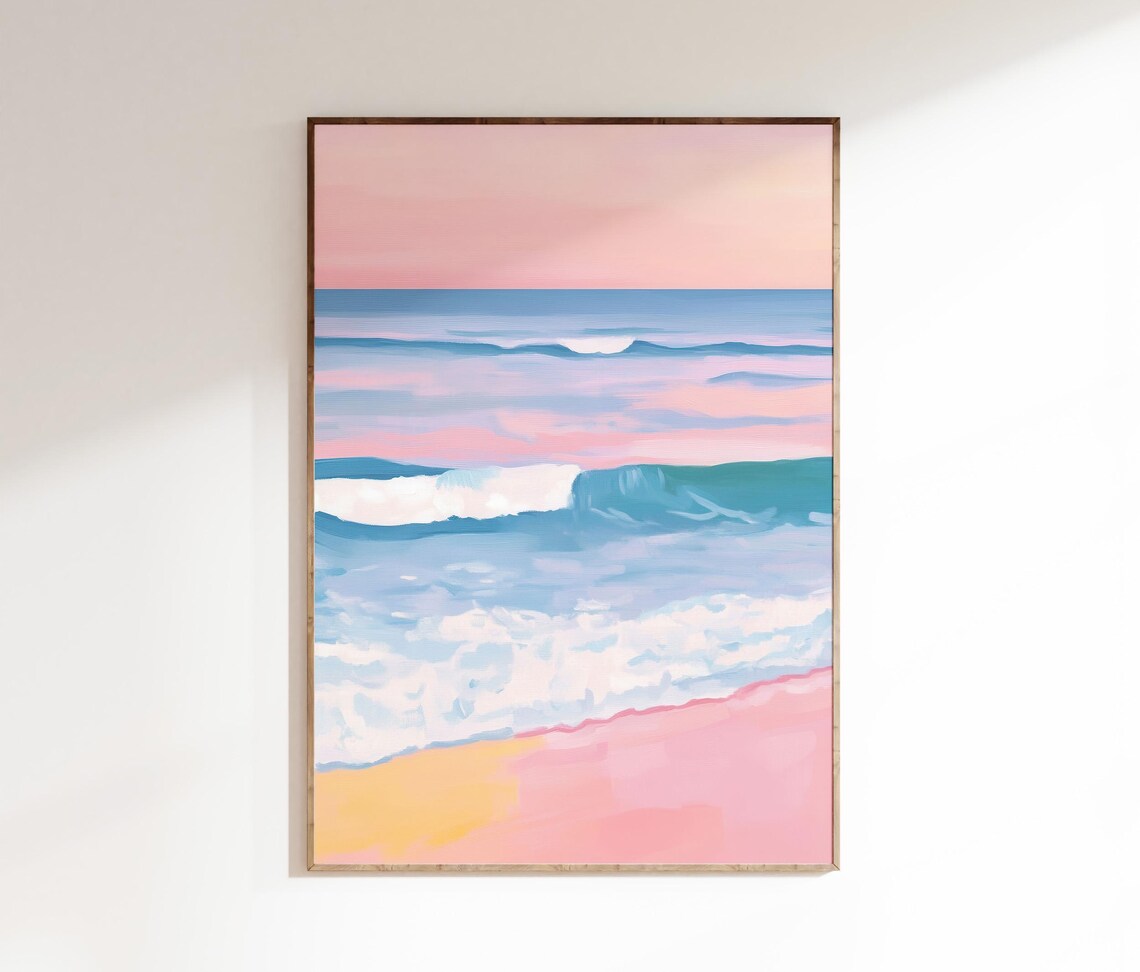 Pastel Pink Beach Wave Art Soft Ocean Waves Summer Coastal Wall Decor Poster