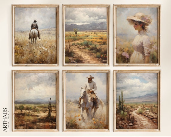 Vintage Cowboy Oil Painting Gallery Set Western Wall Art Neutral Prints Vintage Rustic Southwest Decor