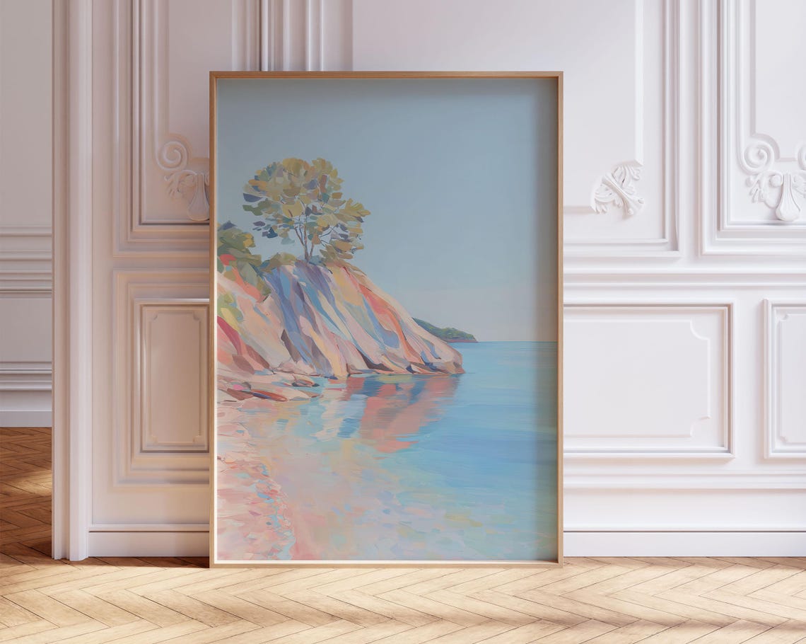 Pastel Rocky Coastal Cliff With Lone Tree Turquoise Sea Art Poster