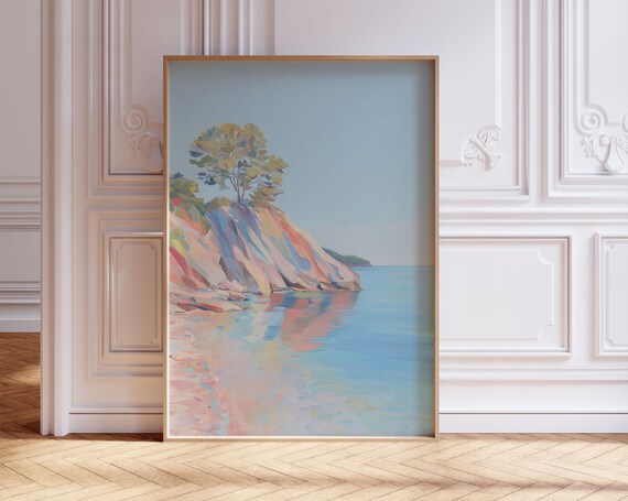 Pastel Rocky Coastal Cliff With Lone Tree Turquoise Sea Art Poster