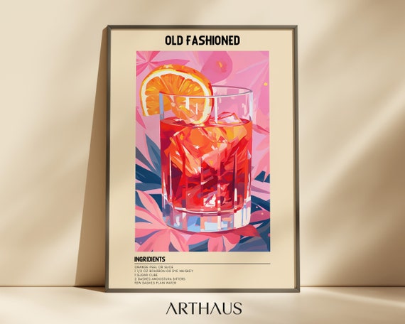 Old Fashioned Cocktail Print, Bar Cart Decor