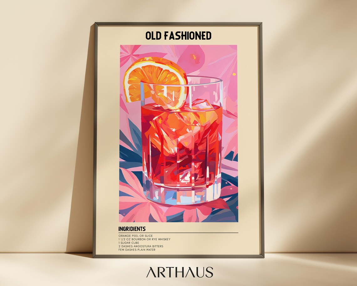 Old Fashioned Cocktail Print, Bar Cart Decor