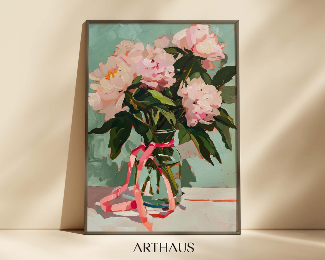 Pink Peonies in Glass Vase Painterly Floral Still Life Print