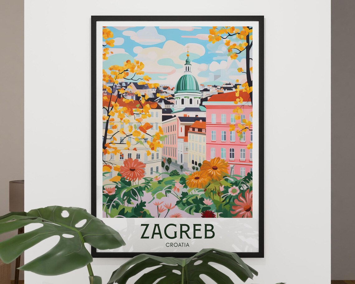 Zagreb Croatia Cityscape Autumn Trees Floral Travel Art Poster