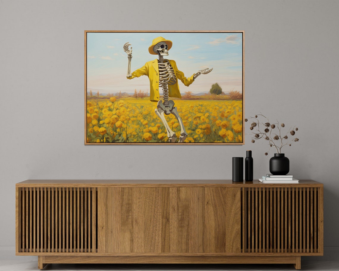 Dancing Skeleton in Bright Yellow Suit Wildflower Field Art Print - Image 3