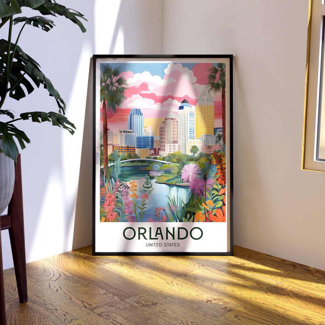 Orlando Florida Skyline Palm Trees Garden Sunset Travel Poster - Image 2