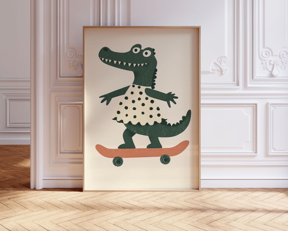 Nursery Crocodile Wall Art of Cute Animal on Skateboard in Dress - Image 2