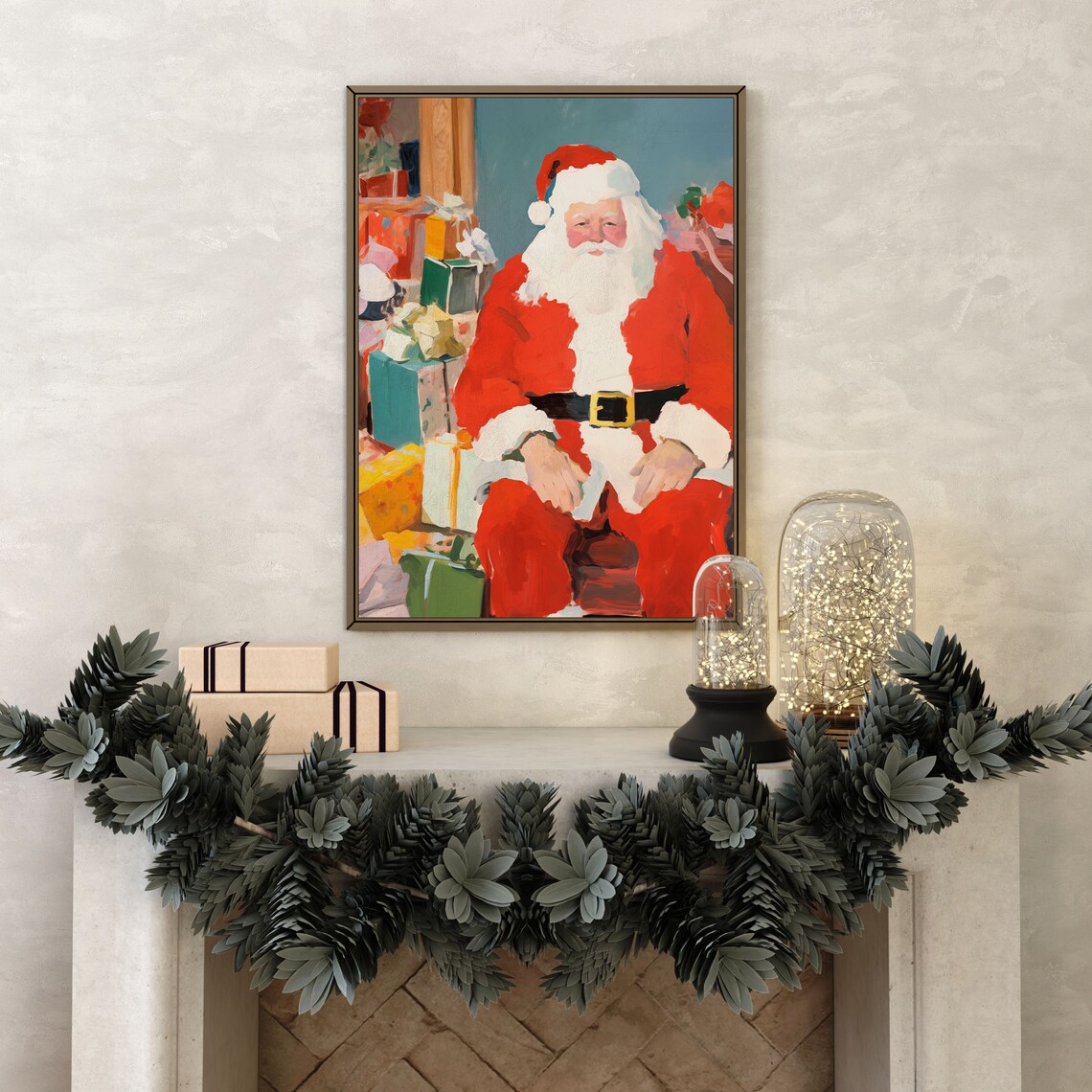 Santa Claus Sitting Among Christmas Gifts Jolly Holiday Painting Poster - Image 3