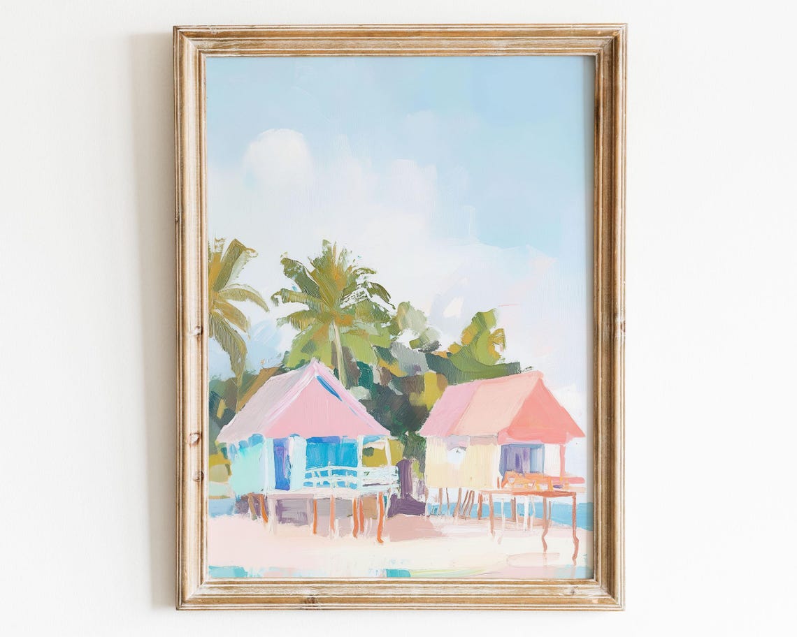Pastel Beach Huts Stilts Palm Trees Tropical Coastal Summer Art Poster