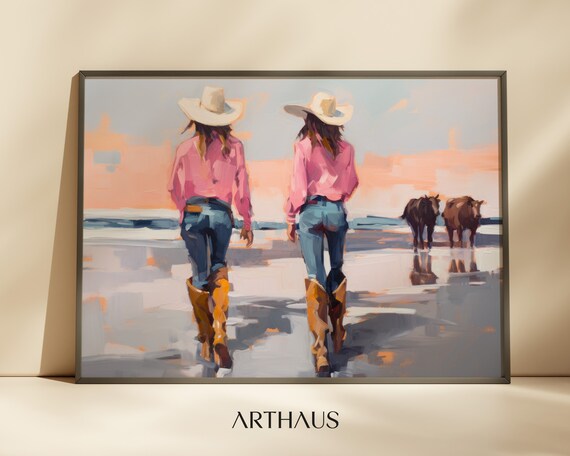 Two Cowgirls With Horses Walking On A Glowing Sunset Shore Poster