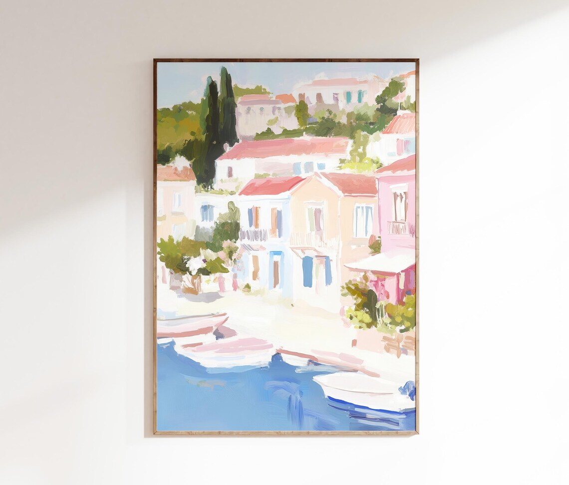 Pastel Coastal Harbor Town With Boats And Pastel Houses Print