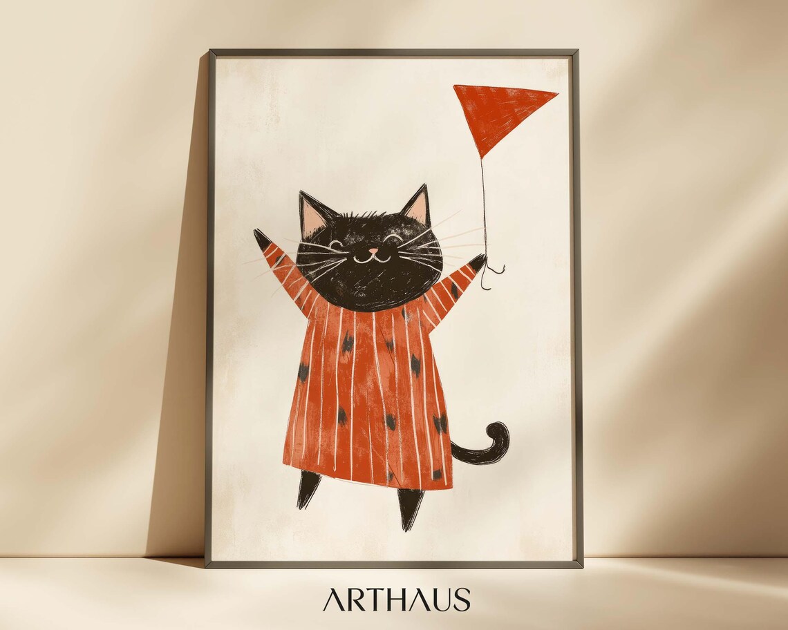 Black Cat in Orange Dress Holding Red Kite Playful Nursery Wall Art