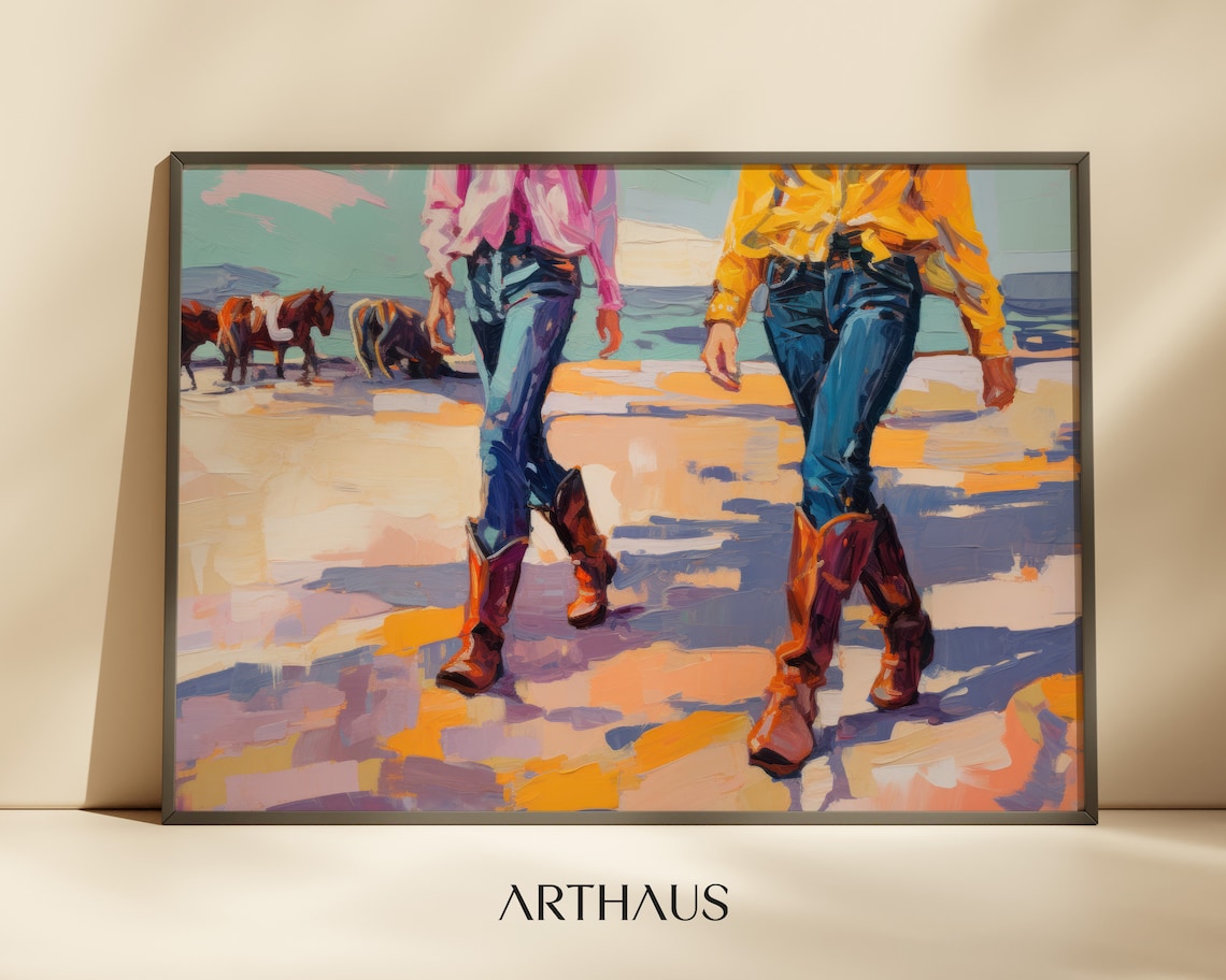 Cowgirl Boots And Jeans Walking Past Horses On Sunny Beach Poster