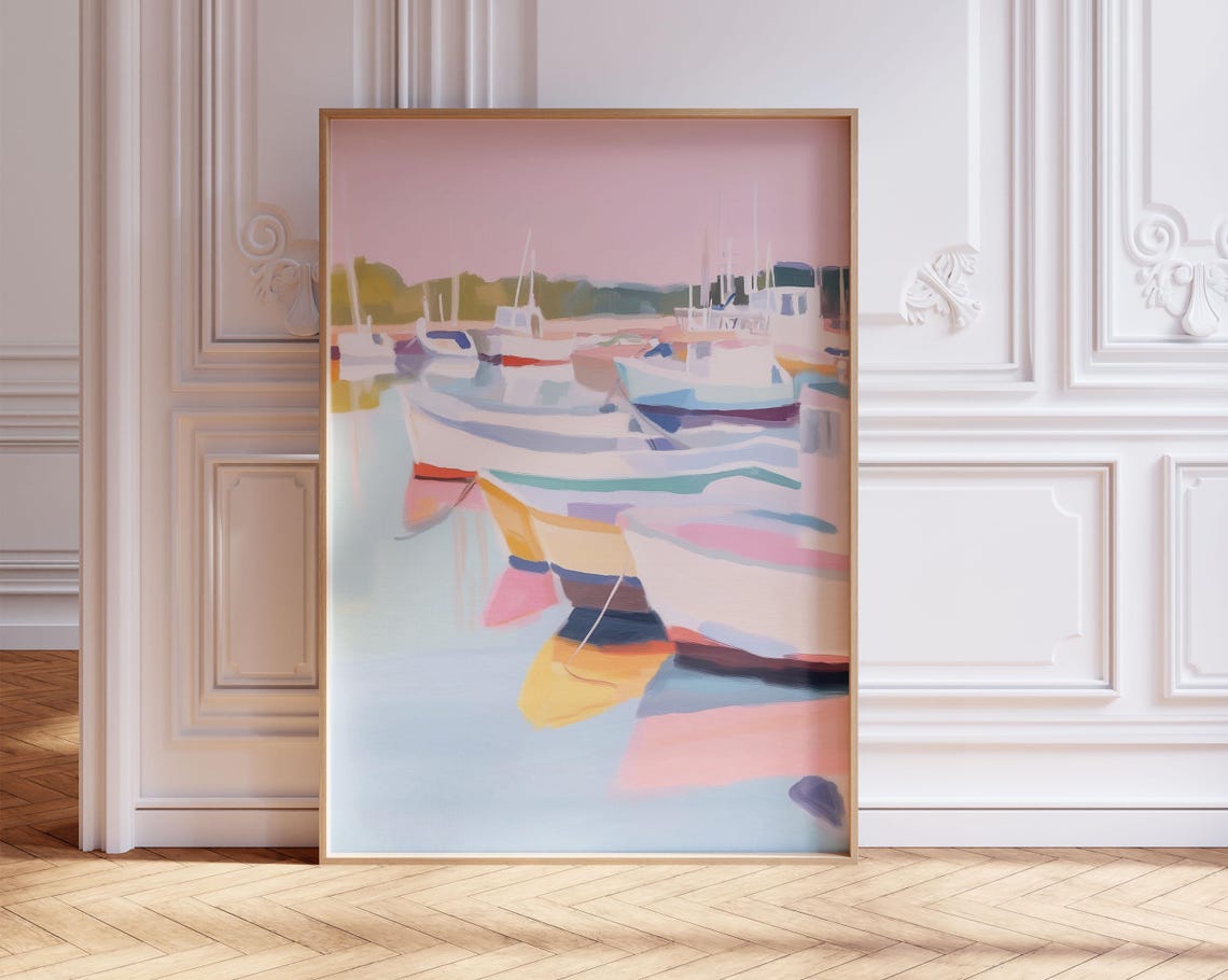 Pastel Marina With Sailboats Soft Harbor Reflection Art Print Decor