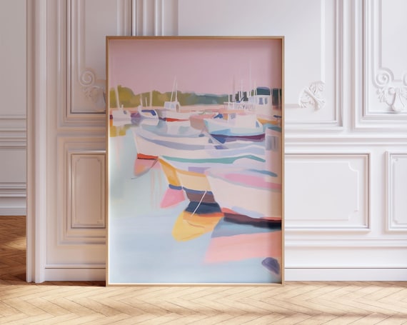 Pastel Marina With Sailboats Soft Harbor Reflection Art Print Decor