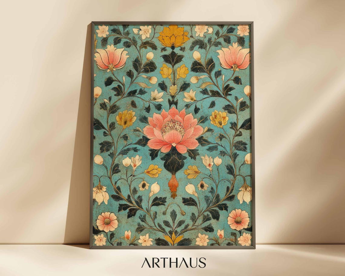 Indian Floral Pink Lotus Teal Background Vintage Botanical Poster
